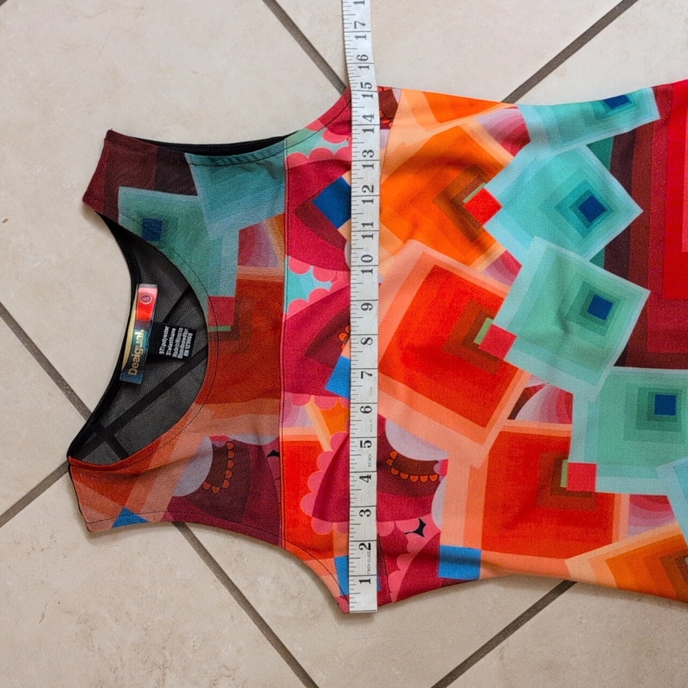 Desigual Shift Dress Geometric Pixel Knit Sheer Mesh Sleeveless Knee Length Blue - Picture 7 of 10
